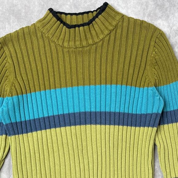 VTG Clio Ribbed Green Mockneck Colorblock Stripe Sweater 90s sz S Phoebe Buffay - Picture 2 of 6